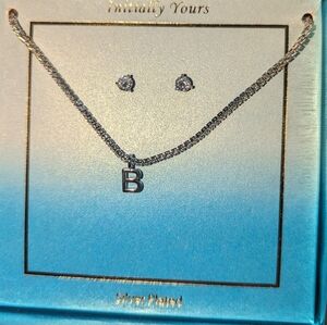 NIB,2pc, Silver Plated"B"Initial Necklace W/CZ Stud Earrings In A Gift Box